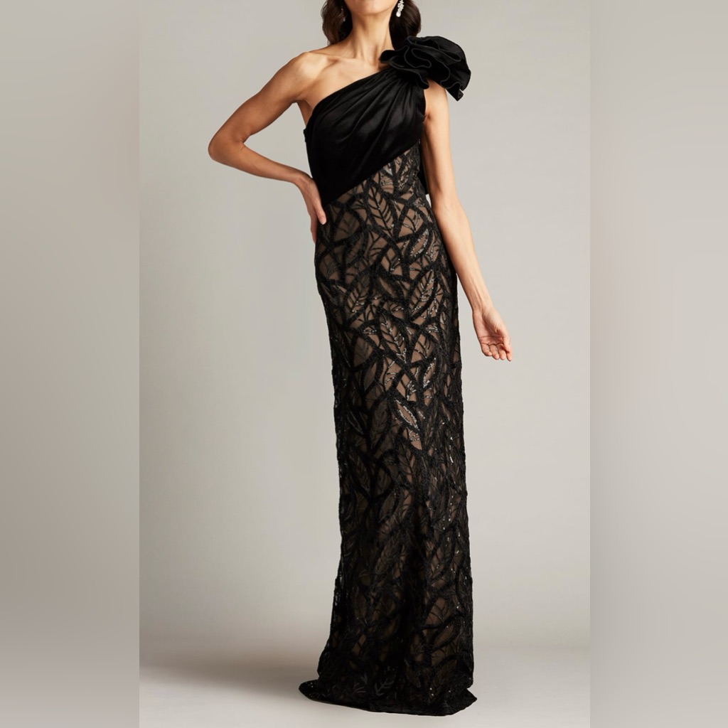 Tadashi Shoij Caraway One Shoulder Leaf Motif Gown Cgt23478l Nwt